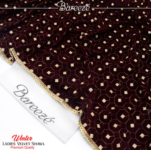 Bareeze Velvet Shawl Mehroon Jaal Emb