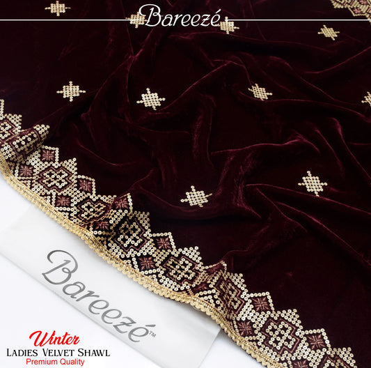 Bareeze Velvet Shawl Mehroon Border Emb