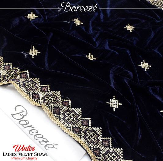 Bareeze Velvet Shawl Blue Border Emb